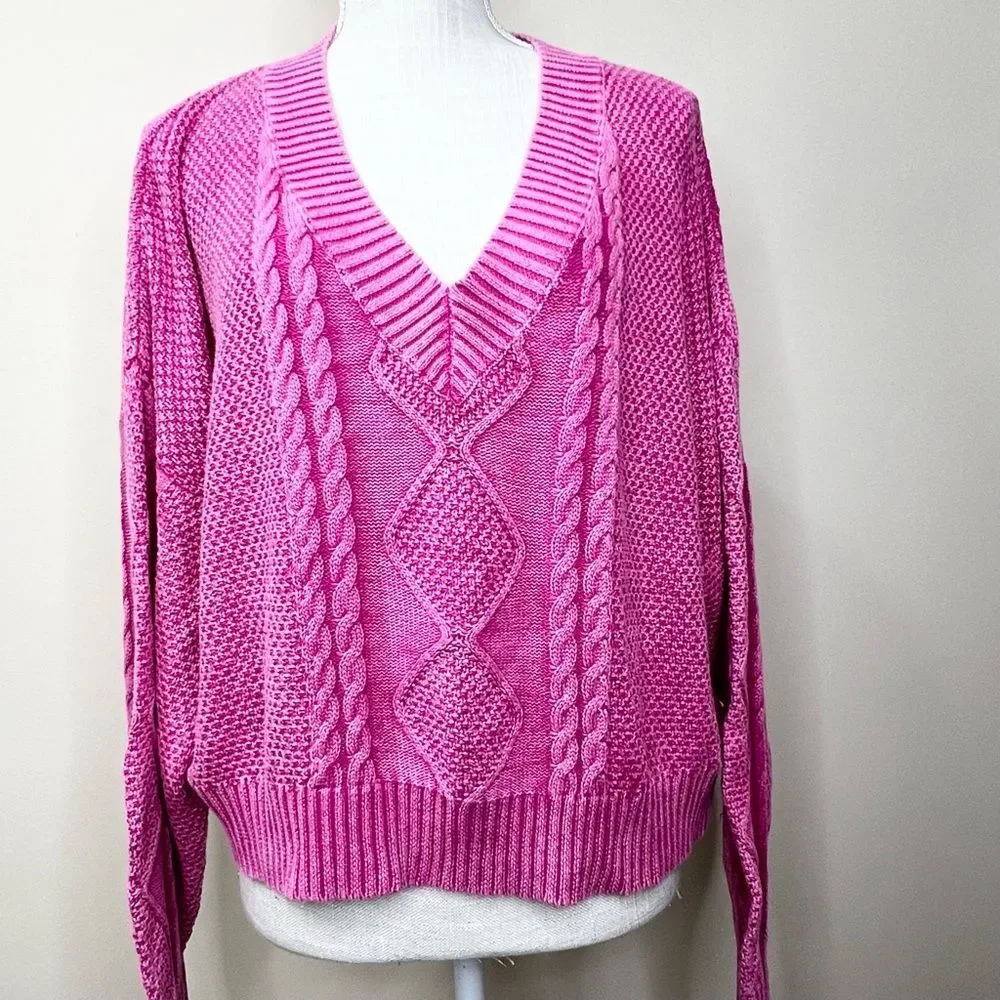 POL Mineral Washed Pink Cable Knit Relaxed Fit Sweater Medium